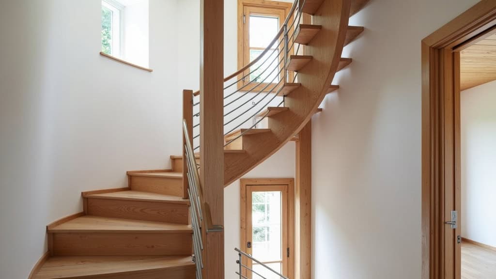Monte-escalier tournant installé sur un escalier en bois dans une maison traditionnelle de Sennecey-lès-Dijon, avec vue sur l’escalier en courbe et le rail en aluminium