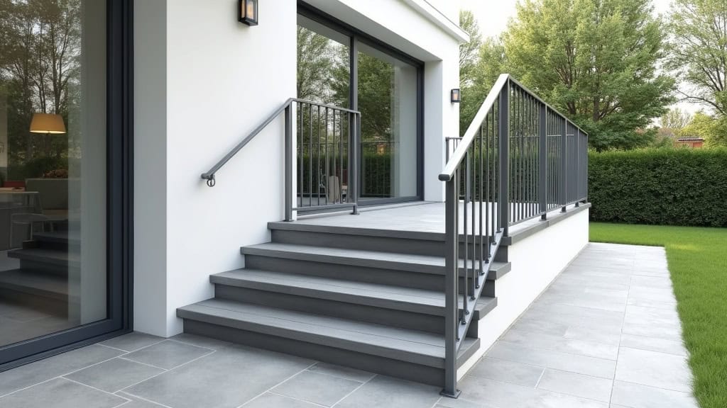 Monte-escalier extérieur installé sur une terrasse à Septèmes-les-Vallons, avec rail en acier inoxydable et siège gris, résistant aux intempéries, permettant d