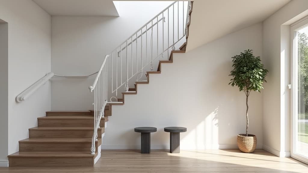 Monte-escalier courbe à deux virages installé dans une maison ancienne de Seysses, avec rail blanc et siège gris, intégré harmonieusement