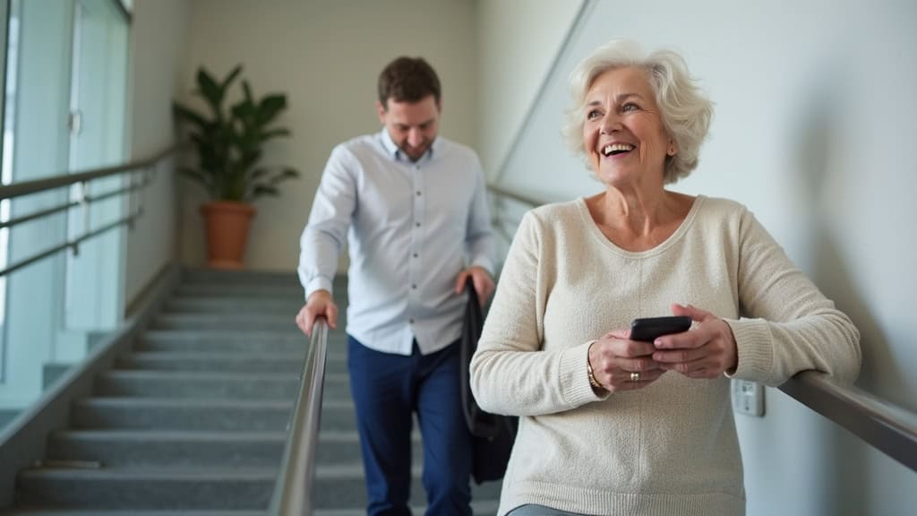 Personne âgée utilisant un monte-escalier à Seysses, souriante, en train de monter les marches avec une télécommande dans la main