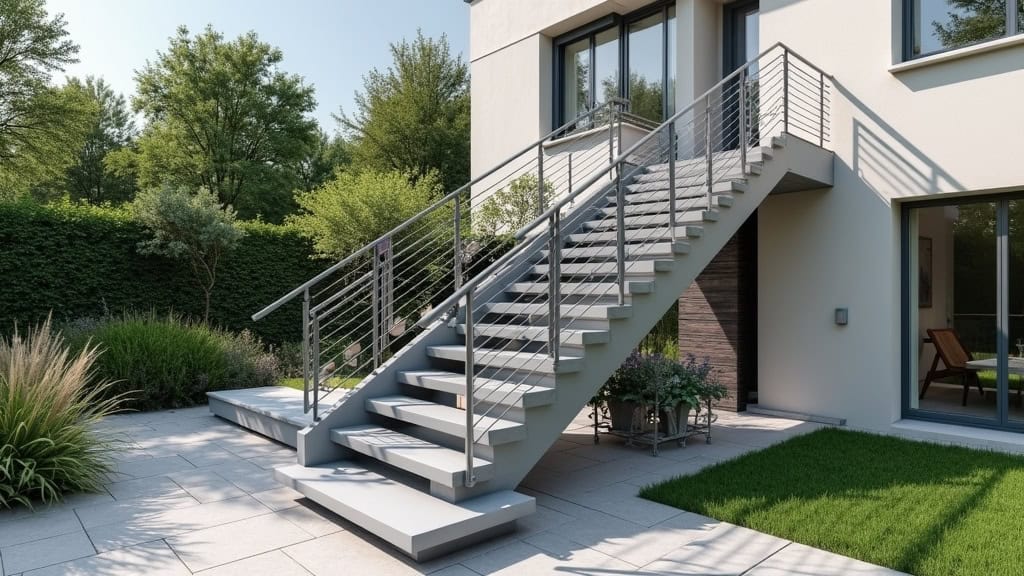 Monte-escalier extérieur en acier inoxydable installé sur un escalier de jardin à Seysses, adapté aux intempéries et à l