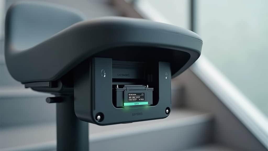 Détail de la batterie de secours intégrée dans un siège de monte-escalier à Seysses, avec voyant vert indiquant une charge complète