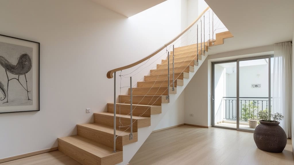 Monte-escalier tournant avec rail flexible suive la forme d’un escalier en colimaçon dans une maison de campagne à Simandres