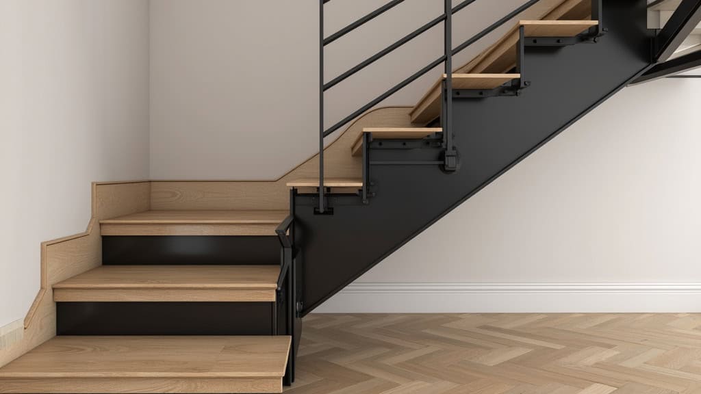 Monte-escalier courbe en noir mat intégré dans un escalier en bois clair d