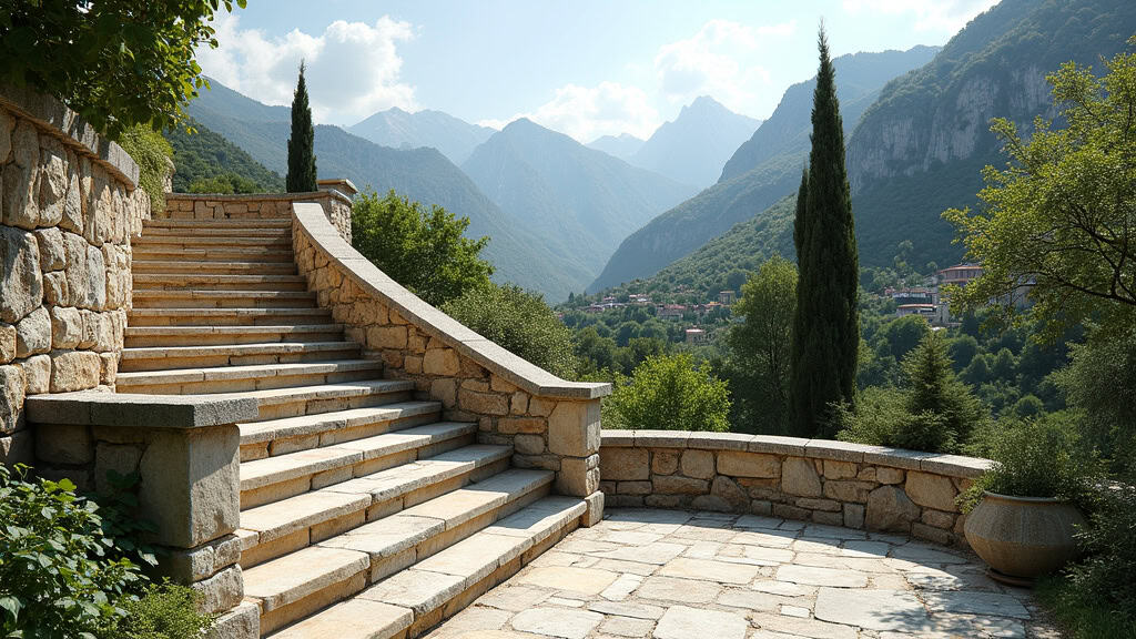 Monte-escalier extérieur installé sur un escalier en pierre menant à un jardin à Sisteron, avec une vue sur les montagnes en arrière-plan