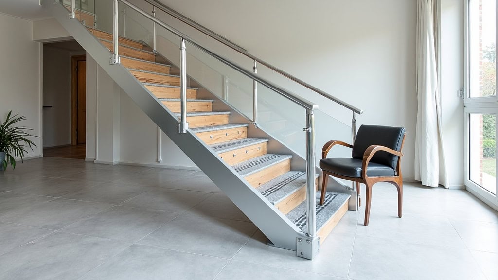 Plateforme monte-escalier installée dans une maison à Soignolles-en-Brie pour un usager en fauteuil roulant, avec rampe en acier et sécurité latérale