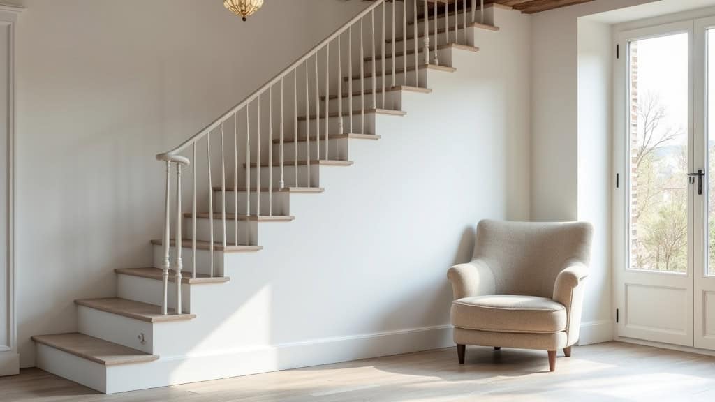 Monte-escalier droit installé dans une maison ancienne à Soignolles-en-Brie, avec rampe en acier blanc et fauteuil intégré