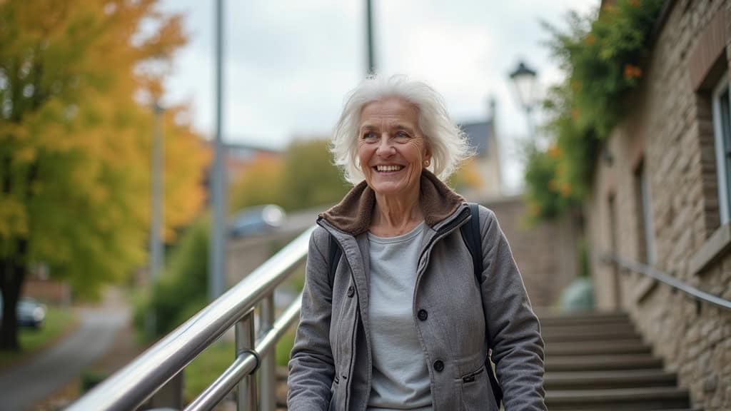 Personne âgée utilisant un monte-escalier à Solre-le-Château, souriante, en train de monter les marches en toute autonomie