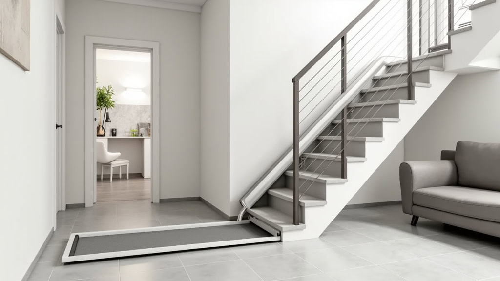 Plateforme élévatrice pour fauteuil roulant installée dans un escalier de maison à Sonnay, avec rampe coulissante et système de sécurité intégré