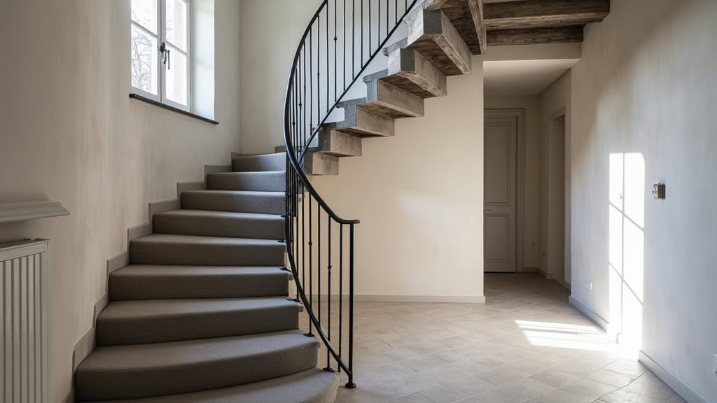 Monte-escalier tournant en acier inoxydable installé dans une maison ancienne à Souligné-sous-Ballon, avec virage à 90 degrés et siège en tissu gris foncé