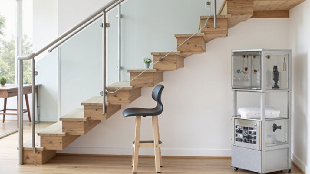 Monte-escalier droit installé dans une maison traditionnelle à Souligné-sous-Ballon, avec rail en aluminium et siège gris sur escalier en bois