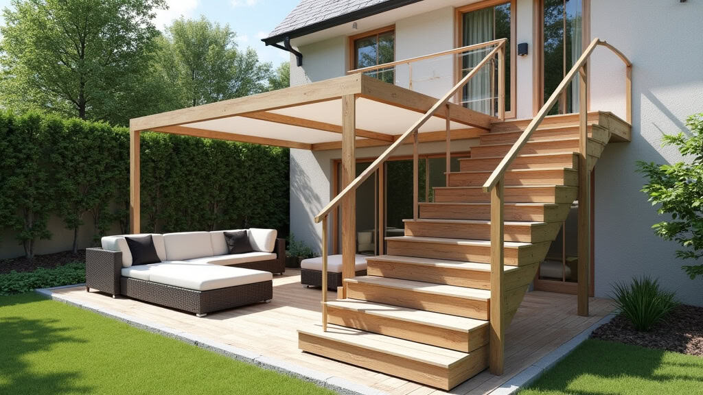 Monte-escalier extérieur installé sur une terrasse en bois d