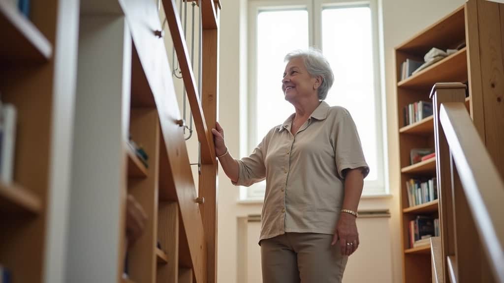 Personne âgée utilisant un monte-escalier droit dans une maison de Taponnat-Fleurignac, souriante, avec un rideau de fenêtre et une bibliothèque en arrière-plan