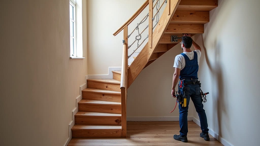 Technicien installant un monte-escalier sur un escalier tournant dans une maison traditionnelle à Tavernes, avec le rail fixé sur les marches sans endommager la structure