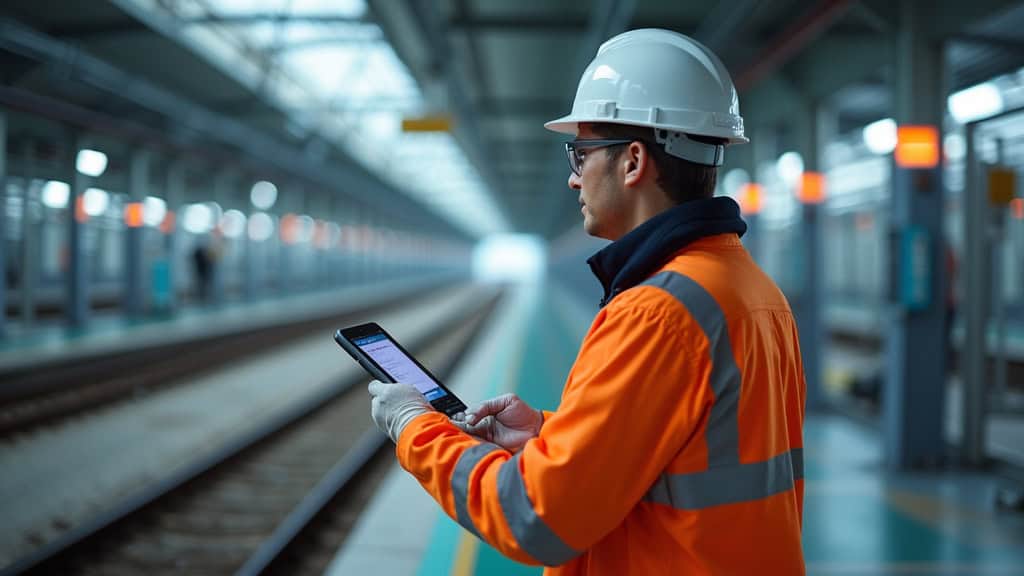 Technicien en train de vérifier le rail et les capteurs d