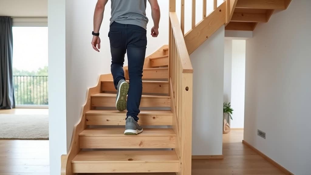 Monte-escalier installé sur un escalier droit en bois dans une maison de Thénouville, avec un utilisateur en train de monter en toute sécurité