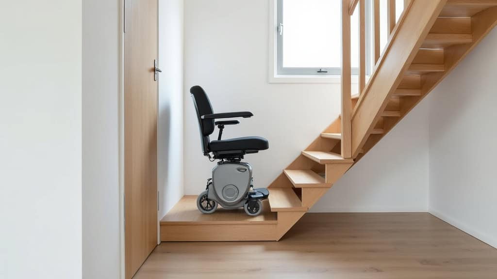 Plateforme monte-escalier avec un fauteuil roulant en cours de montée, installée dans un couloir de maison à Thénouville