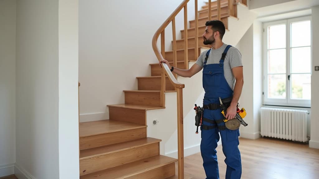 Technicien professionnel installant un monte-escalier dans une maison de Thiel-sur-Acolin avec outils et mesures