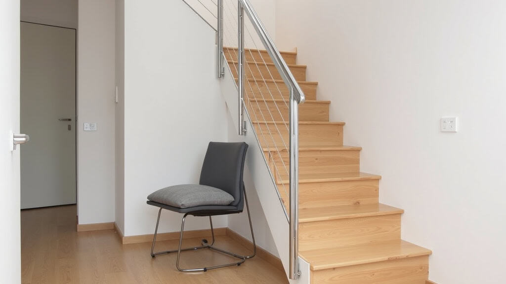 Monte-escalier droit installé dans un escalier intérieur en bois à Thise, avec siège gris et rail fin