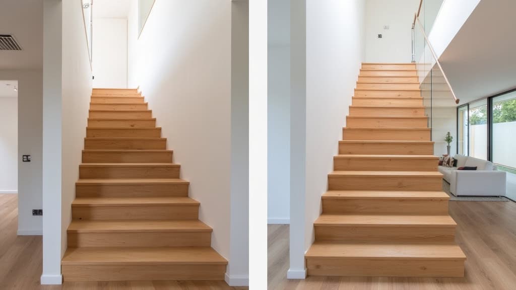 Comparaison avant-après : escalier en bois du logement d