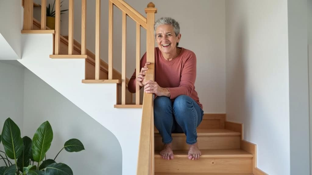 Personne âgée utilisant un monte-escalier droit dans sa maison à Thun-Saint-Amand, souriante, avec un repose-pieds en position relevée
