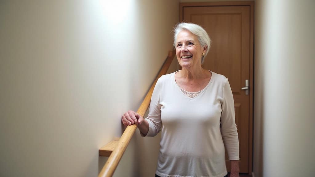 Personne âgée utilisant un monte-escalier à Thyez pour accéder à sa chambre, souriante et en sécurité