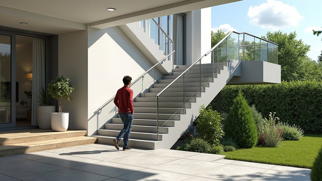 Monte-escalier extérieur en aluminium installé sur une entrée de maison à Tillières-sur-Avre, avec un utilisateur en sécurité accédant à un jardin en pente