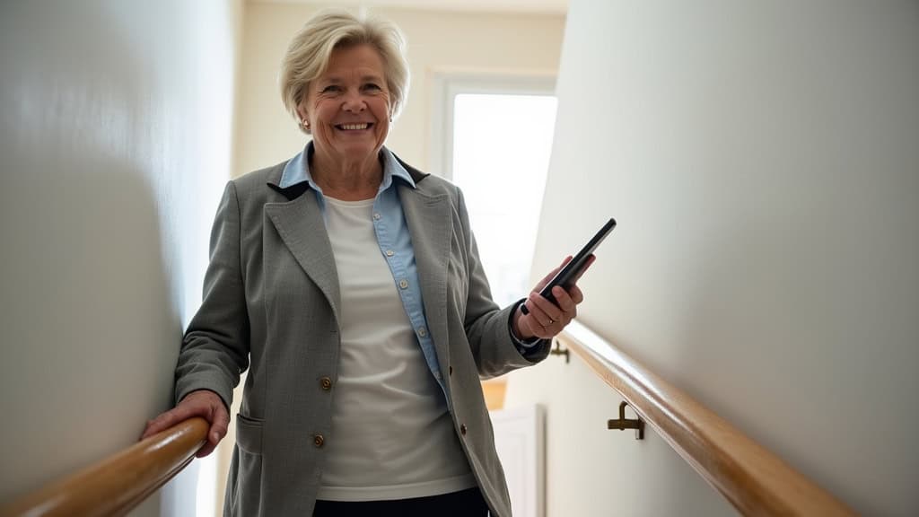 Utilisateur âgé en sécurité sur un monte-escalier droit dans une maison à Tillières-sur-Avre, souriant en montant les marches avec aide au dossier confortable et télécommande à portée de main