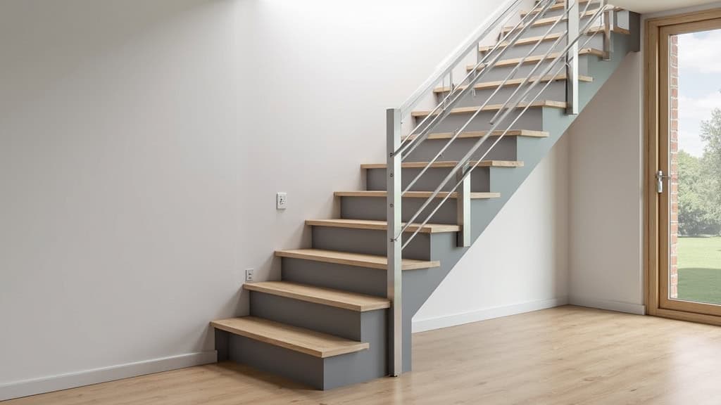 Monte-escalier tournant en acier inoxydable installé sur un escalier en bois avec virage à Blagnac, siège en couleur gris clair