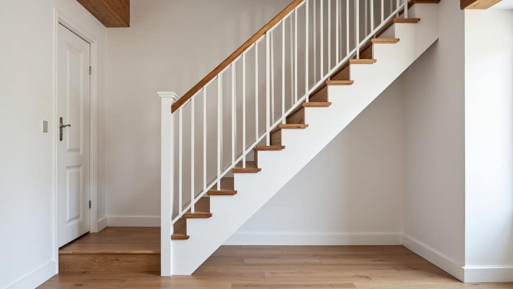 Monte-escalier tournant en aluminium blanc installé dans un escalier en bois dans une maison traditionnelle de Couville
