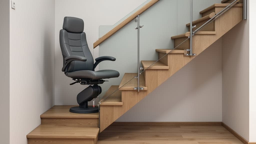 Monte-escalier tournant en aluminium gris intégré dans un escalier en bois massif, avec éclairage LED et siège ergonomique, à l