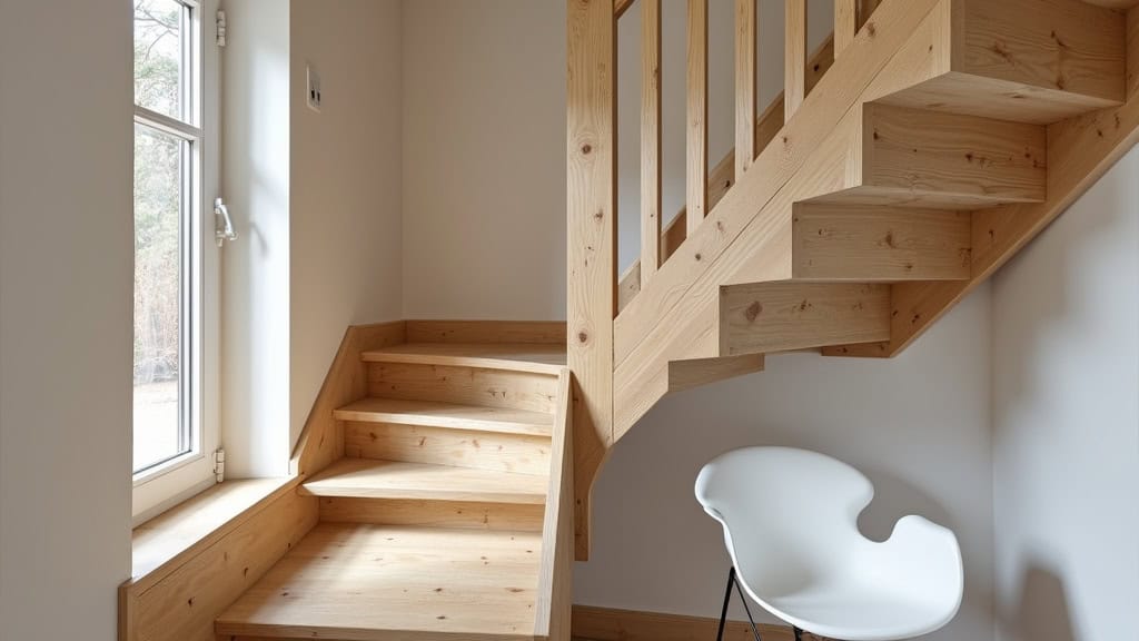 Monte-escalier tournant installé dans une maison de Damgan avec escalier en bois et intérieur chaleureux, siège blanc discret