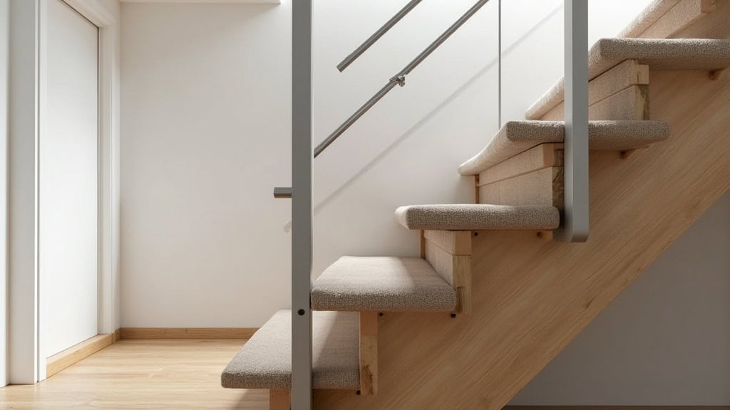 Monte-escalier tournant installé sur un escalier en bois ancien à Roëzé-sur-Sarthe, avec un siège en tissu beige et un rail en aluminium