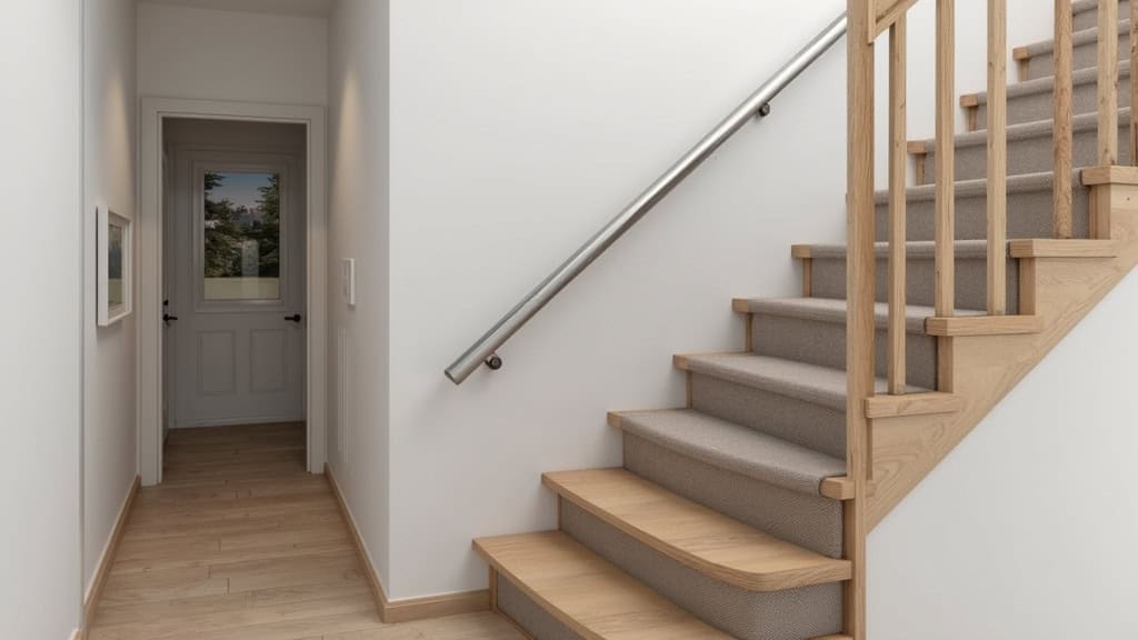 Monte-escalier tournant installé sur un escalier en bois avec virage à 90 degrés, siège en tissu gris foncé, rail discret en aluminium, intérieur d