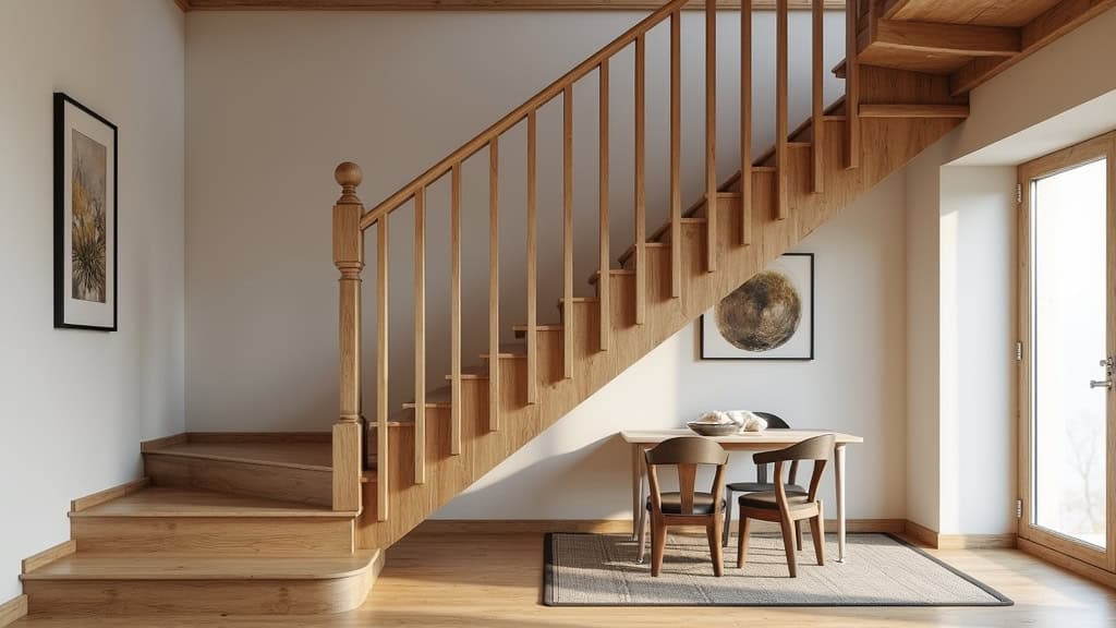 Monte-escalier tournant installé sur un escalier en bois avec virage, dans une maison traditionnelle d