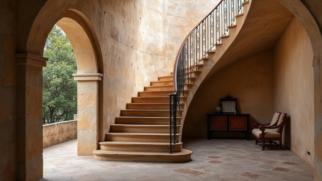 Monte-escalier tournant installé sur un escalier en colimaçon dans une maison ancienne à Villefranche-d’Albigeois