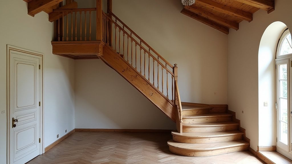 Monte-escalier tournant installé sur un escalier en L avec palier dans une maison du XVIIIe siècle à Saint-Christophe-sur-le-Nais