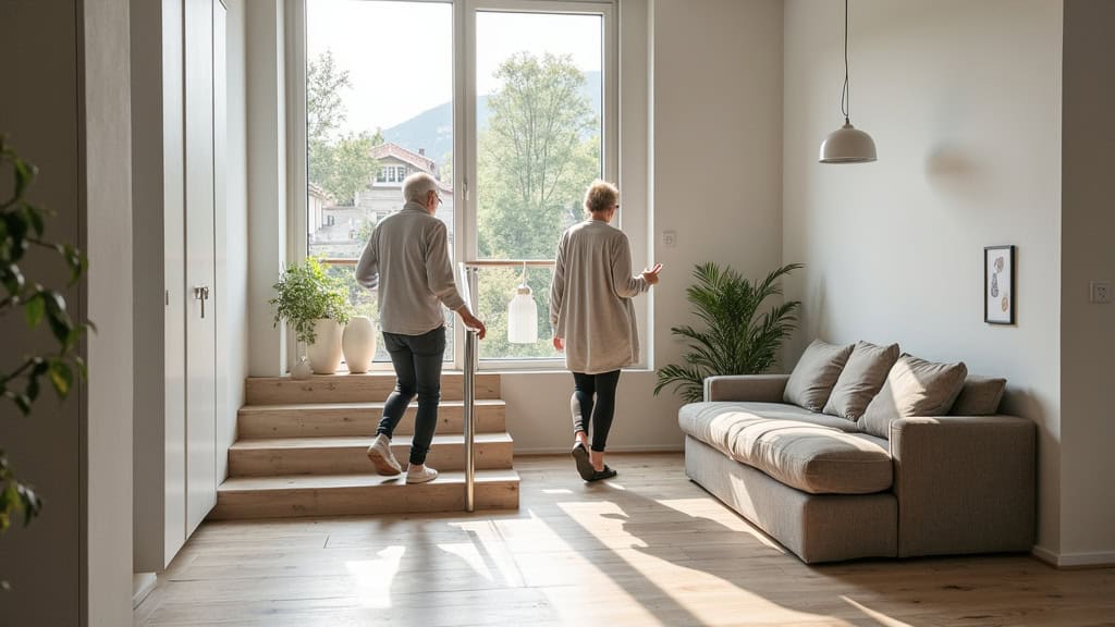 Personne âgée utilisant un monte-escalier en sécurité dans une maison de Tourrettes-sur-Loup, avec vue sur les toits de la commune