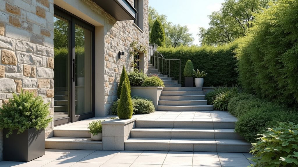 Monte-escalier extérieur en acier inoxydable installé sur un escalier de jardin en pierre à Traînel, résistant aux intempéries