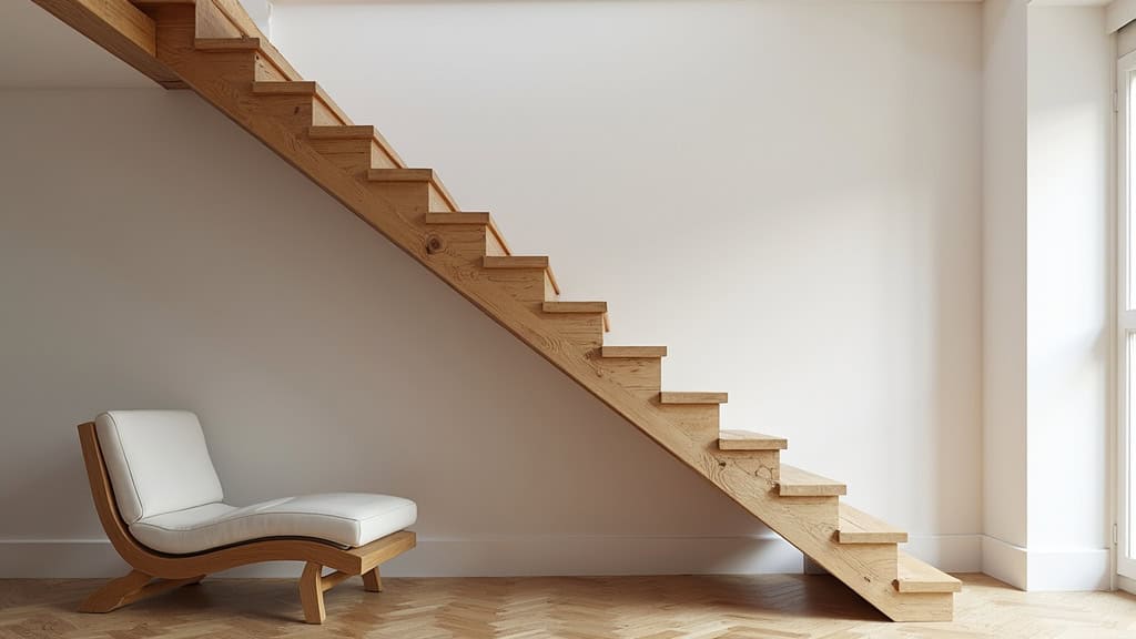 Monte-escalier à siège installé sur un escalier en bois dans une maison ancienne à Traînou, avec une rampe discrète et une chaise blanche