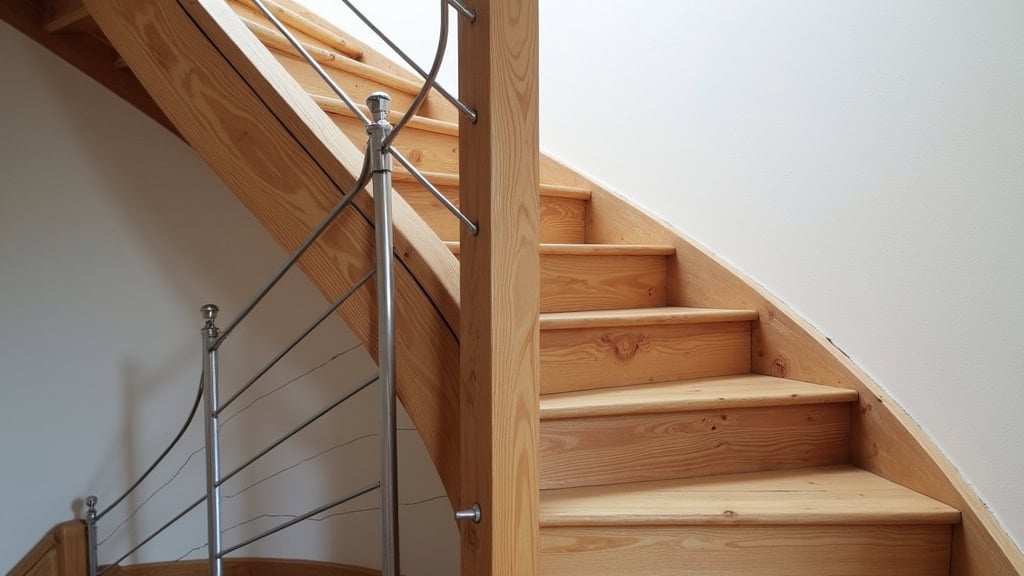 Monte-escalier tournant installé dans une maison traditionnelle de Tramoyes, avec un escalier en bois ancien et un rail en aluminium discret, intégré harmonieusement