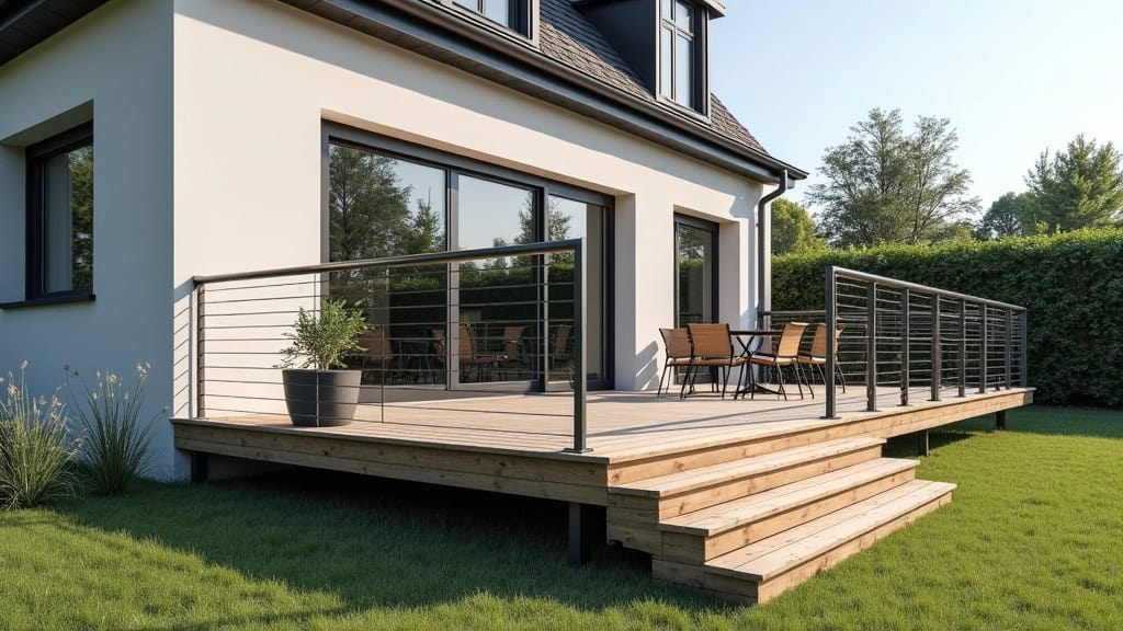 Monte-escalier extérieur en aluminium anodisé installé devant une maison de Tramoyes, avec un rail résistant aux intempéries et un siège sécurisé, menant à une terrasse en bois