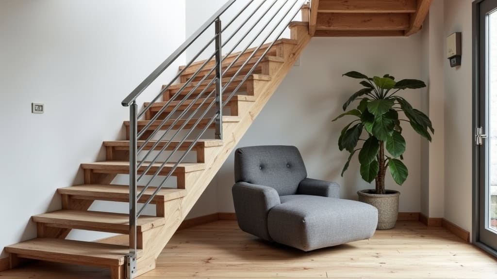 Monte-escalier tournant installé dans une maison traditionnelle de Treffiagat, avec un rail en aluminium et un fauteuil gris en tissu, sur un escalier en bois ancien