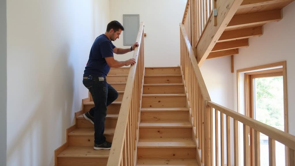 Montage d’un rail de monte-escalier droit sur les marches d’un escalier en bois à Treffléan, avec technicien en train de fixer les supports.