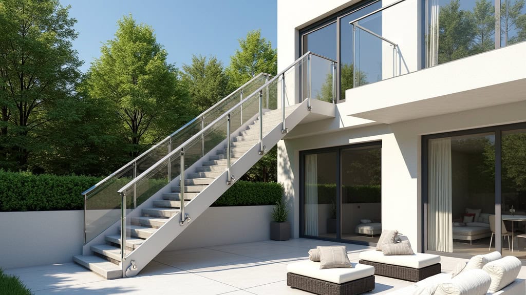 Monte-escalier extérieur en aluminium résistant aux intempéries, installé sur une terrasse à Trémery, avec vue sur jardin