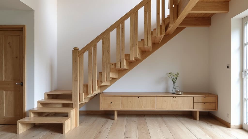 Monte-escalier tournant en bois clair dans une maison traditionnelle de Trémery, intégré discrètement à l