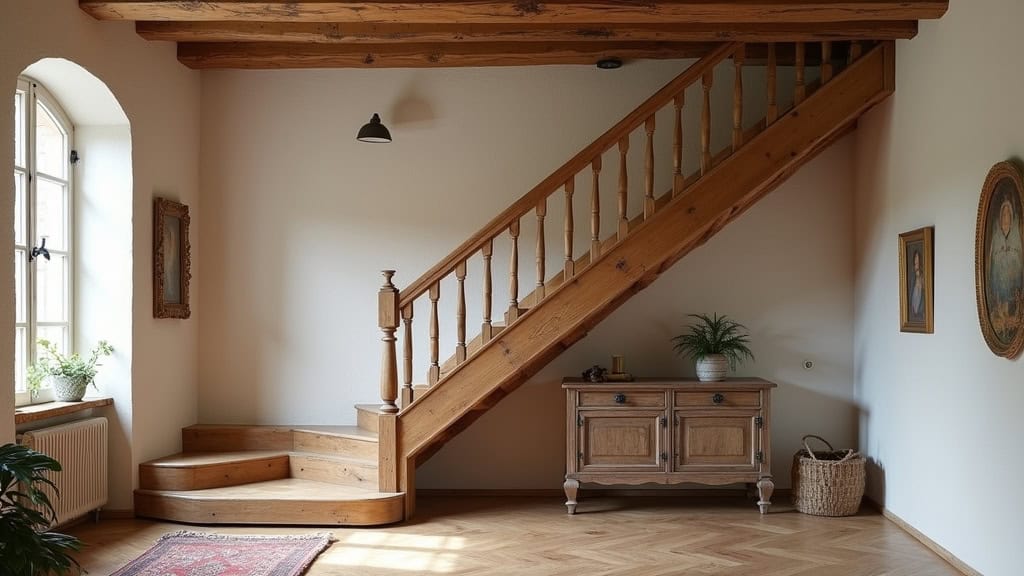 Monte-escalier courbe installé dans une maison ancienne de Tresserre, avec décoration intérieure traditionnelle et escalier en bois massif
