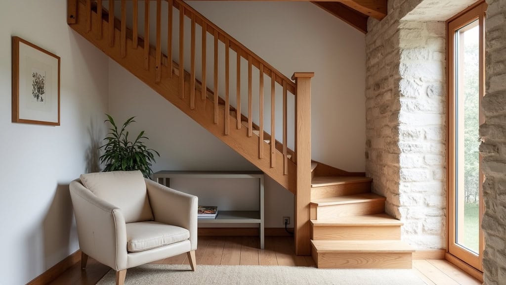 Monte-escalier droit installé dans une maison traditionnelle à Tresserre, avec escalier en bois et mur en pierre