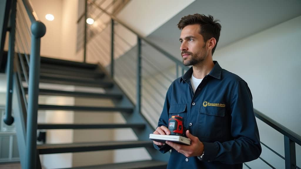 Professionnel en train de mesurer un escalier à Trets avec un ruban laser et un carnet de notes, en tenue de travail