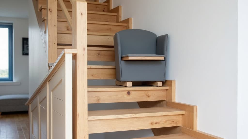 Monte-escalier tournant installé dans un escalier en bois à Turckheim, avec un virage à 90 degrés, siège gris, rail discret, et repose-pieds rétractable, dans une maison alsacienne aux volets bleus